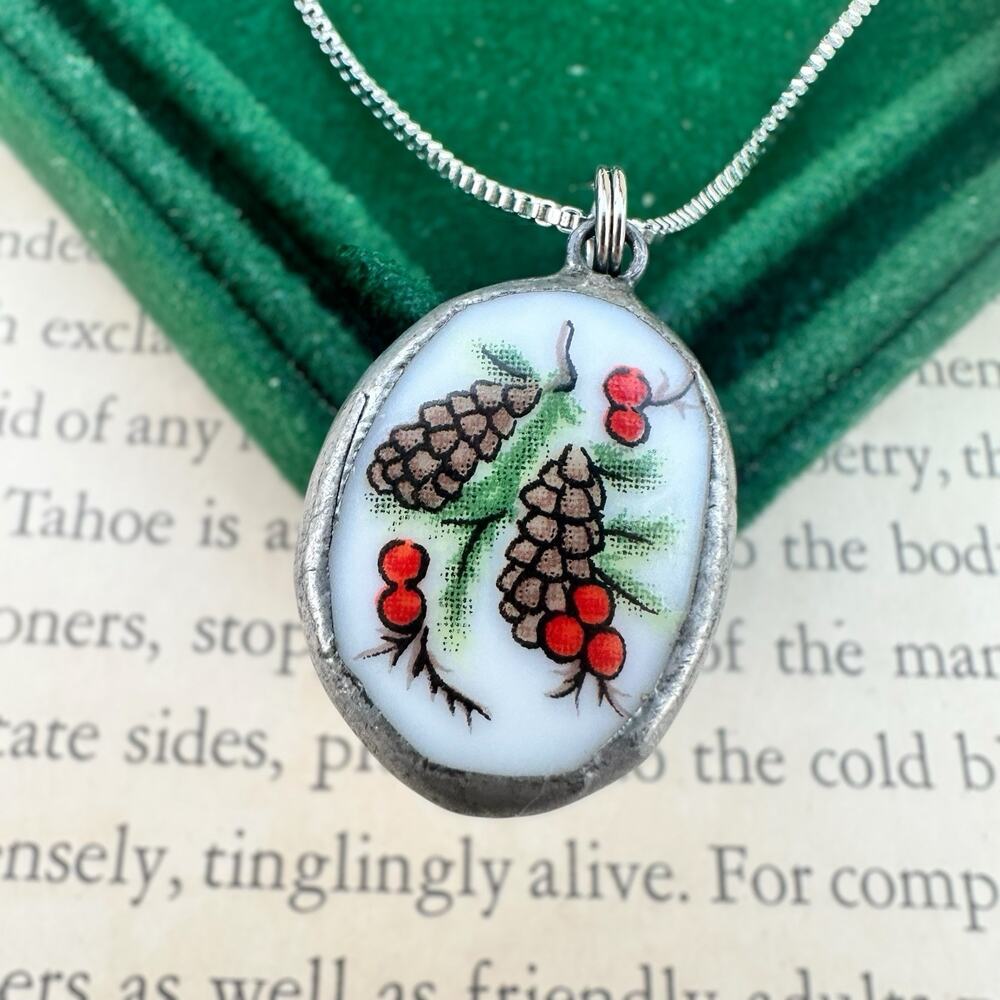 Christmas Necklace Pinecone Holiday Pendant Chain Porcelain Shard Holly Berry